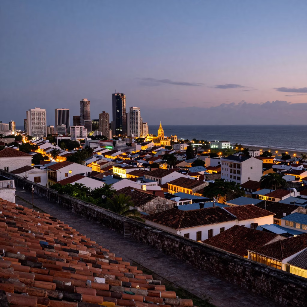 Twilight Skyline in Cartagena at As City Lights Begin To Glow in in Cartagena, Colombia