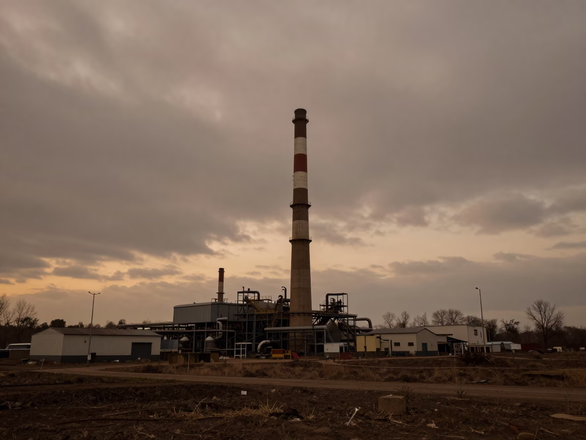 Twilight smokestack on cleared factory floor near Aba in on a factory floor near Aba