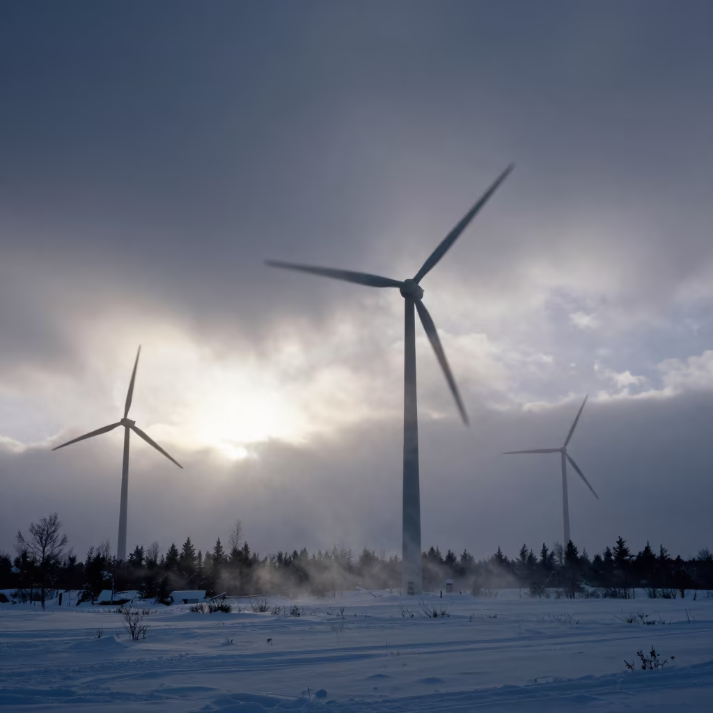 Twilight Snow Squall Over Rovaniemi Wind Turbines in over a horizon of stacked thunderheads near Rovaniemi