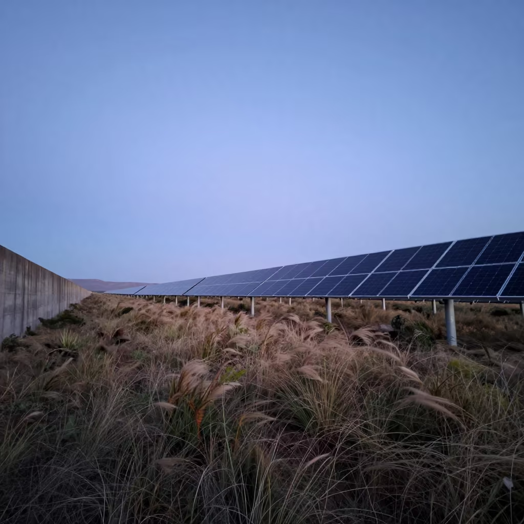 Twilight Solar Array Beside Lesotho Storm Barrier in beside a storm surge barrier in Lesotho
