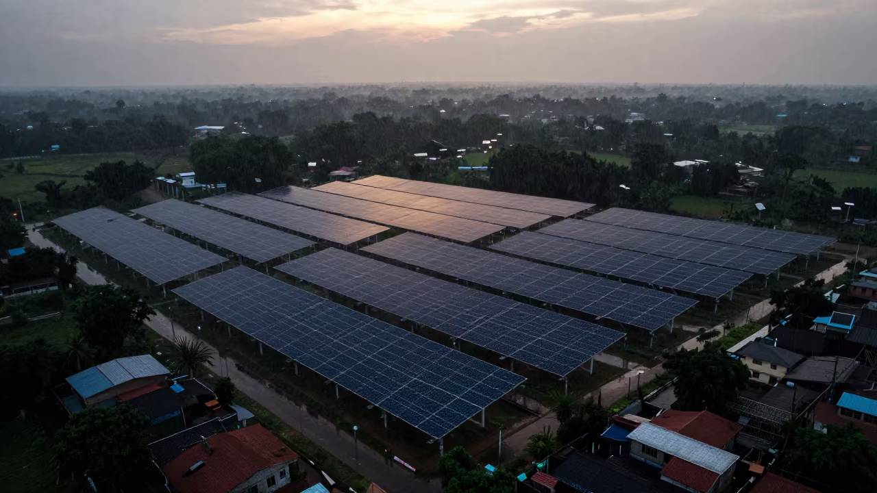 Twilight Solar Thermal Plant Karnataka Aerial in high above patterned rooftops in Karnataka