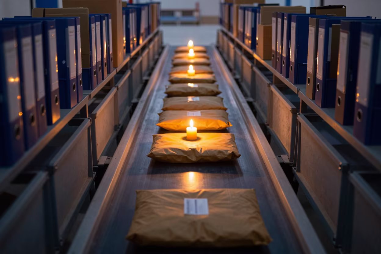 Twilight Sorters With Binders and Tape in Zakho in at a parcel sorting belt in Zakho