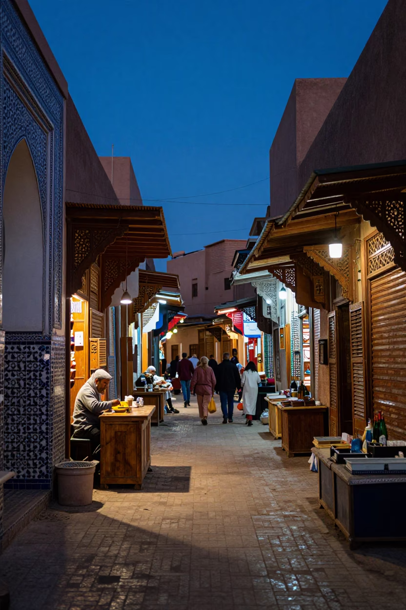 Twilight Souk in Marrakech at Indigo Twilight After Sunset in in Marrakech, Morocco