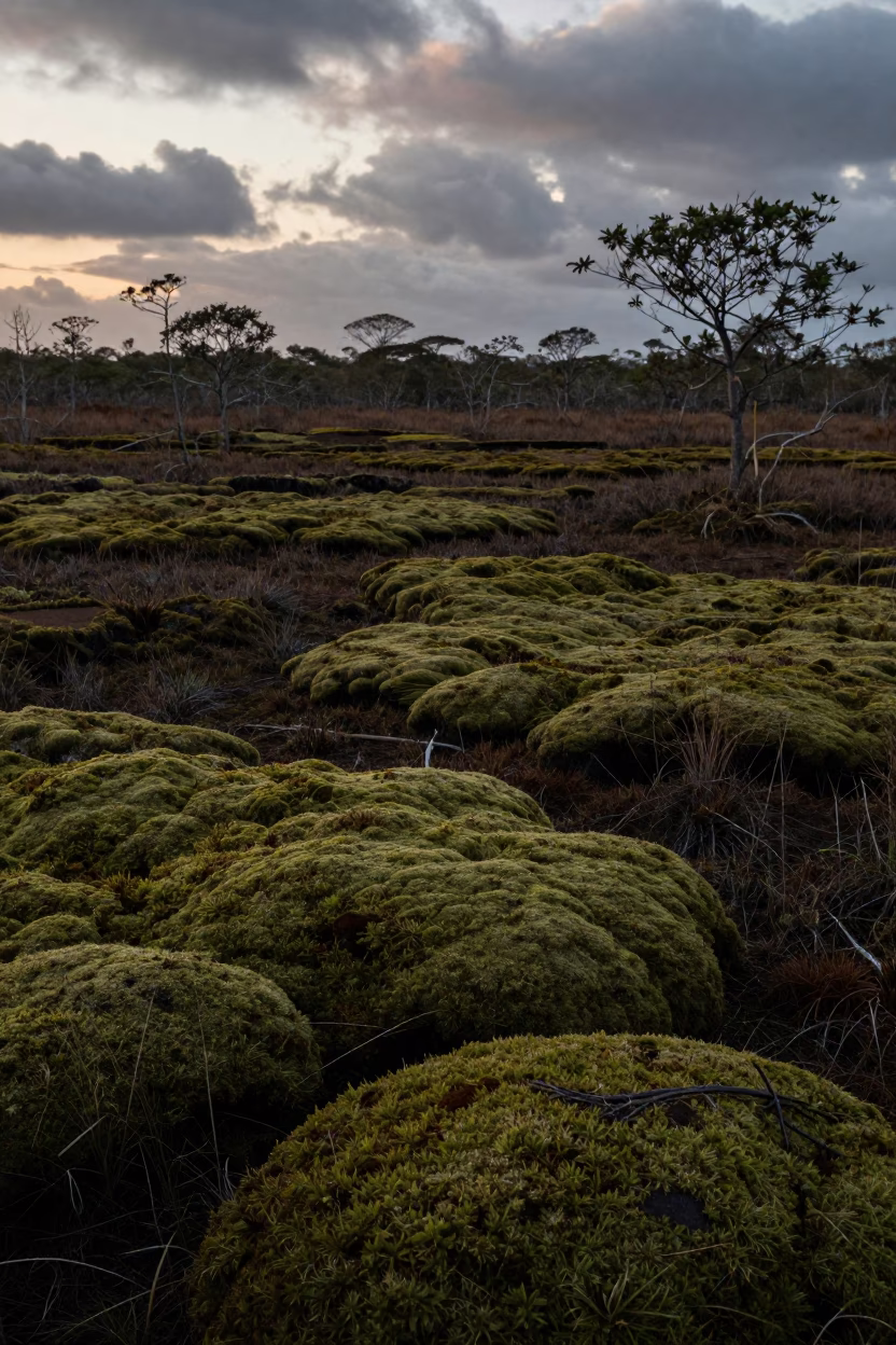 Twilight Sphagnum Moss Bog in Terraced Abidjan Gardens in among terraced garden plots near Abidjan