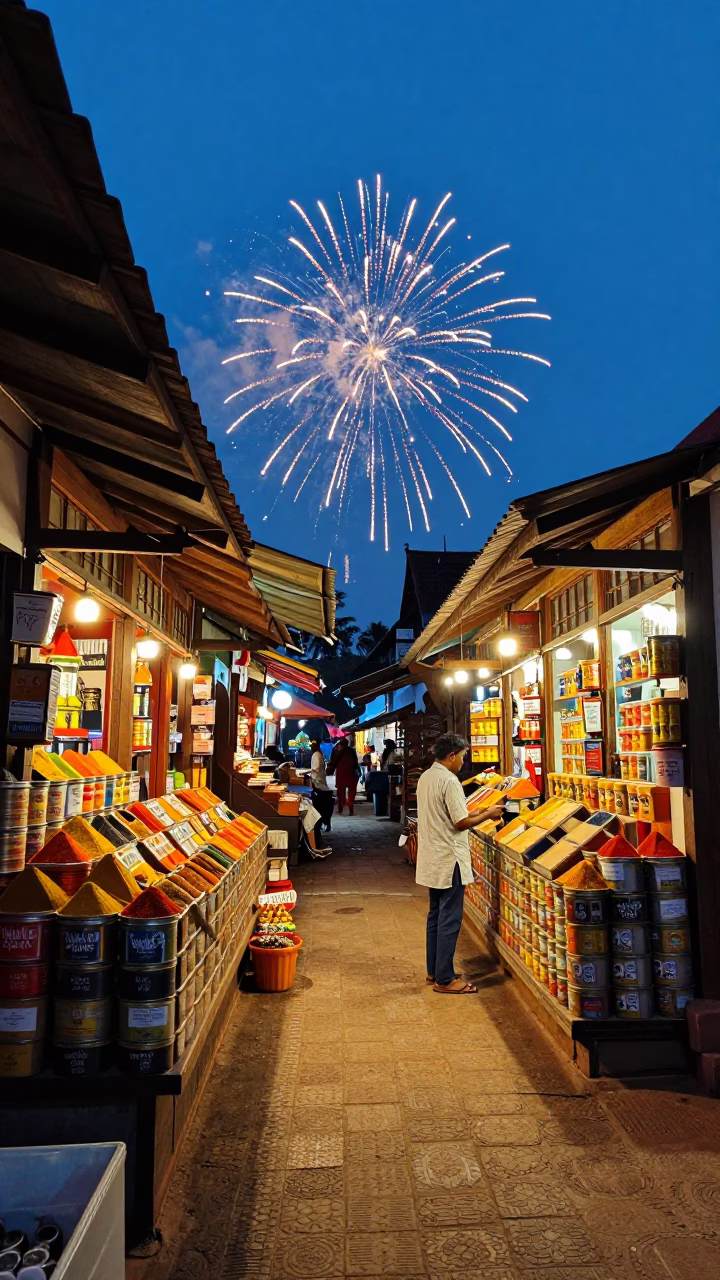 Twilight Spice Market in Kochi India with Fireworks Over Harbor in in Kochi, India