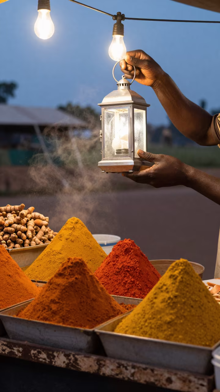 Twilight Spice Table Lantern Sellers Kisangani in at a spice vendor's table in Kisangani
