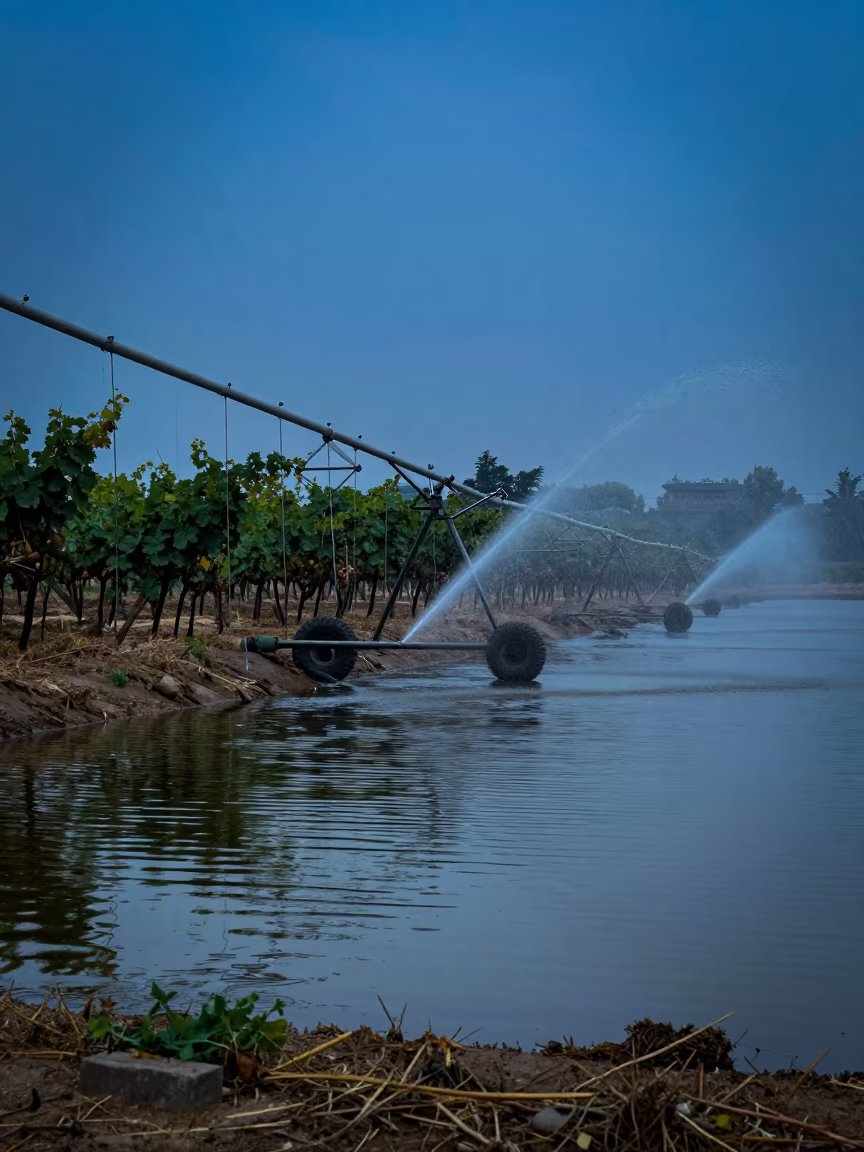 Twilight Sprinkler Silhouettes Reflecting in Jiangxi Pond in between vineyard trellises in Jiangxi