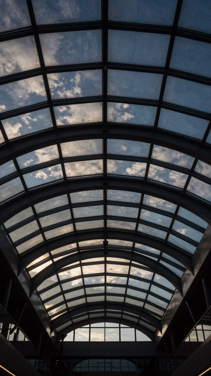 Twilight Steel Glass Ceiling Ondo Metro Atrium in inside a vaulted atrium in Ondo