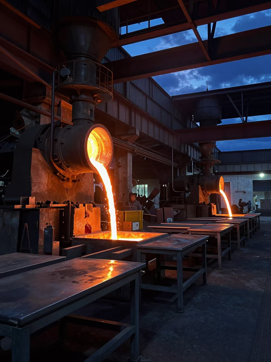 Twilight steel mill pouring molten metal in along a food-processing floor with sorting tables in Montenegro