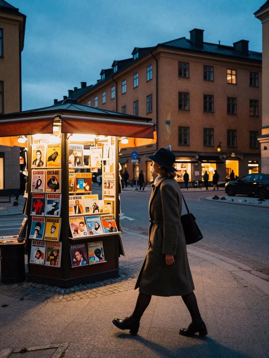 Twilight Stockholm Sweden Street Scene with Vintage 1950s Aesthetic and Urban Details in in Stockholm, Sweden