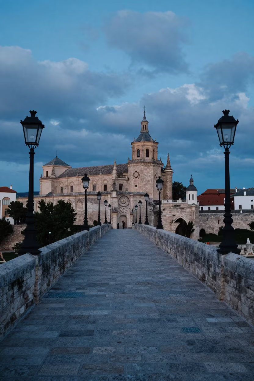 Twilight Stone Bridge in Spanish Temple Precinct in in a lantern-lined temple precinct in Spain