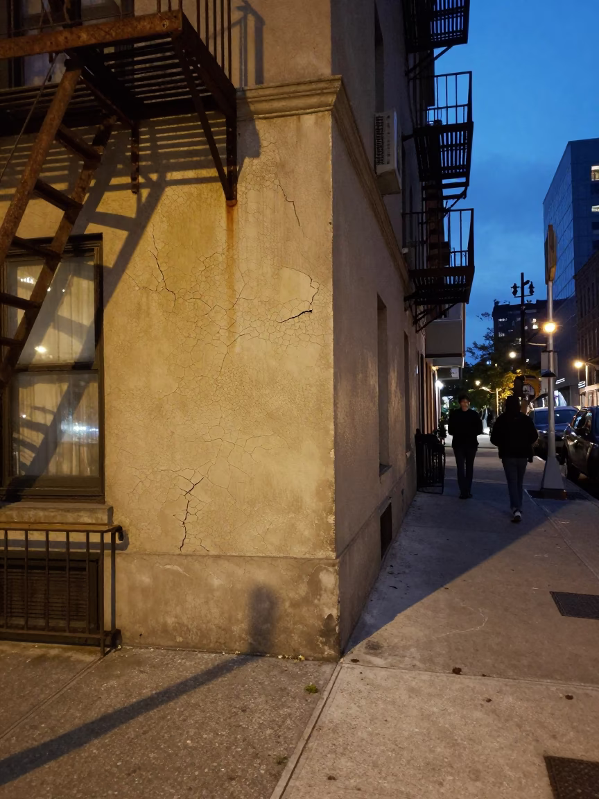 Twilight street corner New York with cracked stucco and urban clutter in in New York, New York, United States