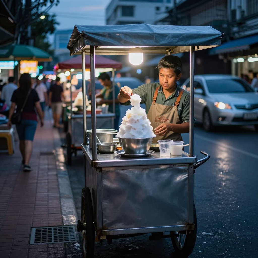 Twilight street food scene in Bangkok Thailand with shaved ice dessert in in Bangkok, Thailand