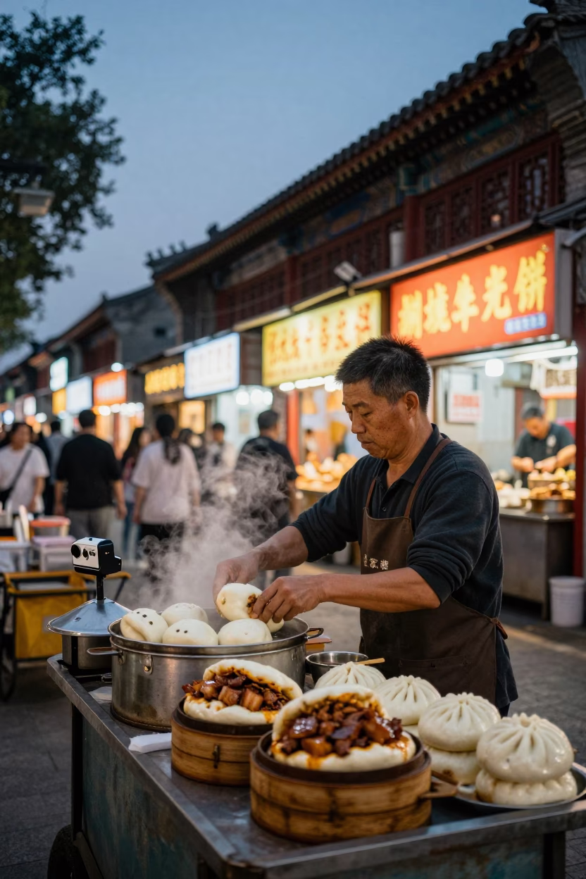 Twilight Street Food Scene in Beijing with Gua Bao and Local Pedestrians in in Beijing, China