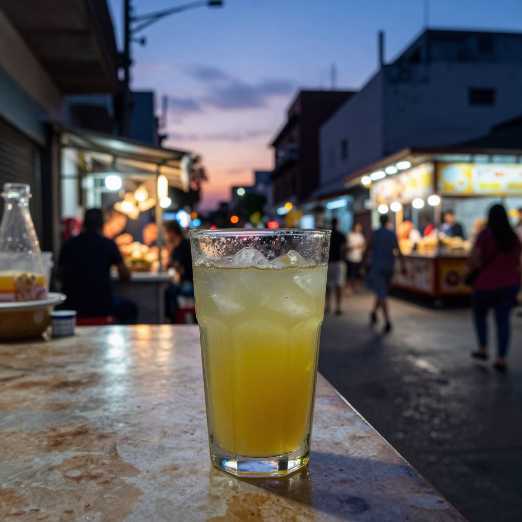 Twilight street food scene in Buenos Aires with fresh sugarcane juice and busy pedestrians in in Buenos Aires, Argentina