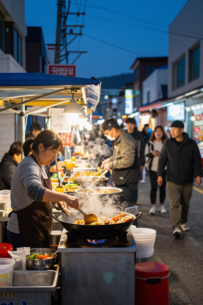 Twilight street food scene in Busan South Korea with vendor and customers in in Busan, South Korea