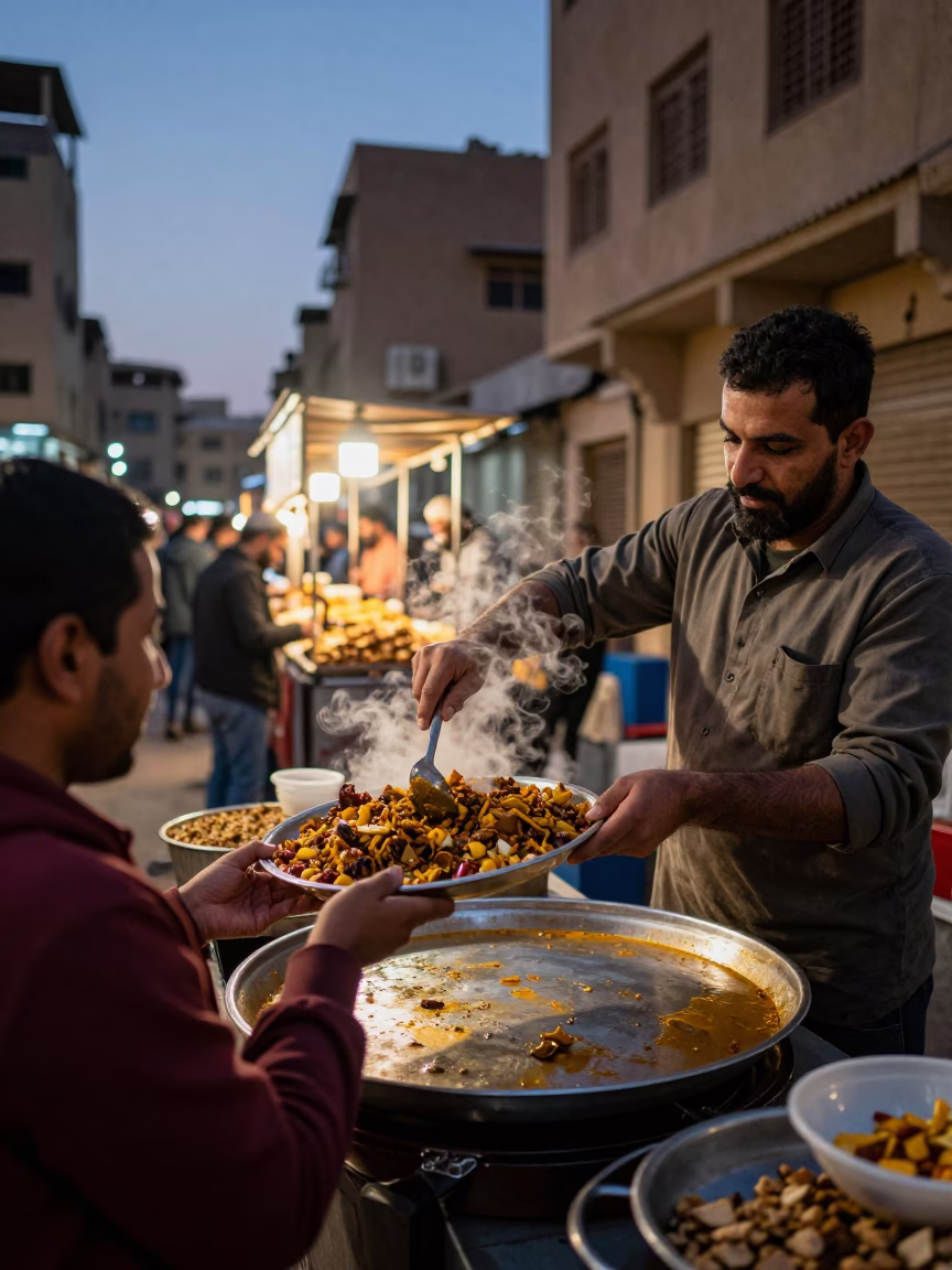 Twilight Street Food Scene in Cairo Egypt with Metal Saucer and Rotating Fan Shadow in in Cairo, Egypt