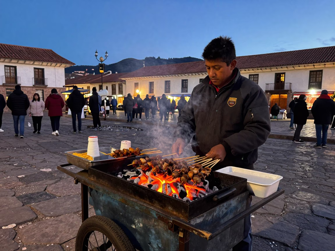 Twilight Street Food Scene in Cusco Peru with Sate Skewers and Charcoal in in Cusco, Peru