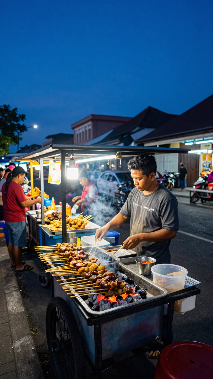 Twilight street food scene in Denpasar Indonesia with sate skewers and busy traffic in in Denpasar, Indonesia