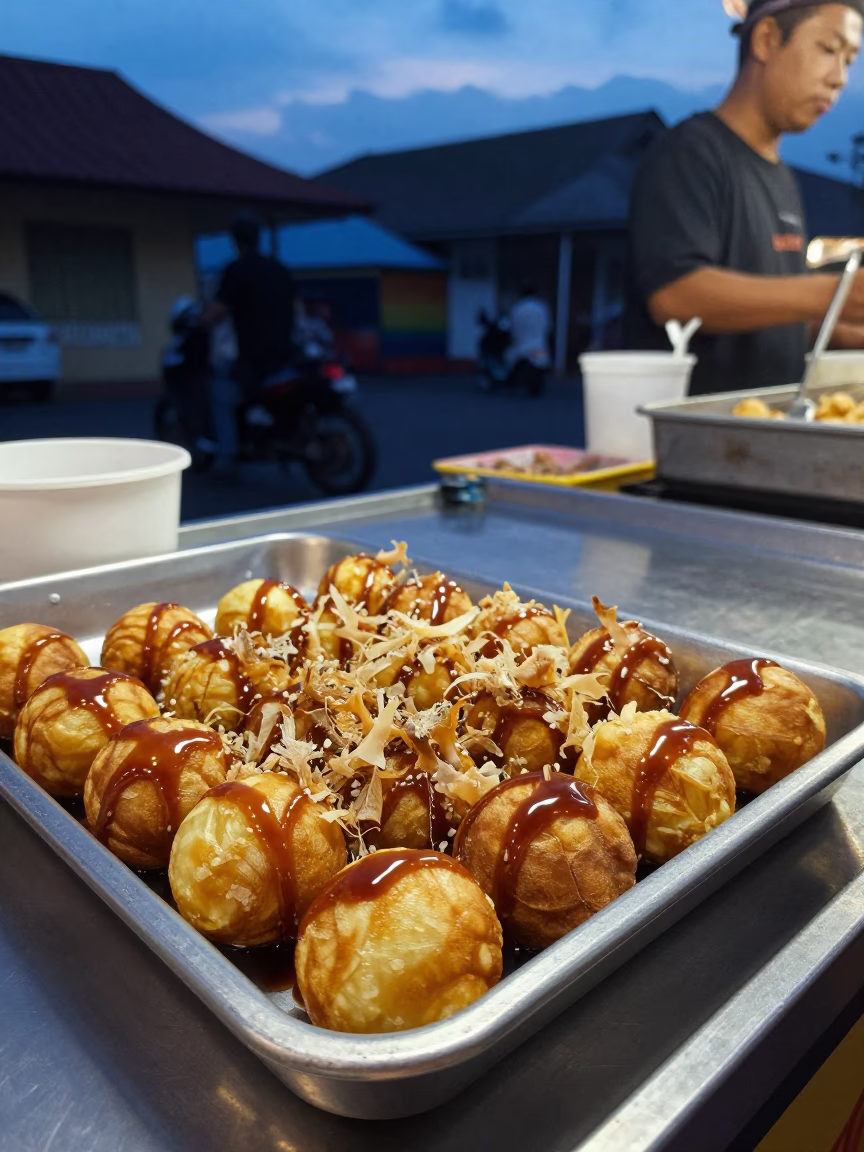 Twilight street food scene in Denpasar Indonesia with tray of takoyaki and serving bowls in in Denpasar, Indonesia