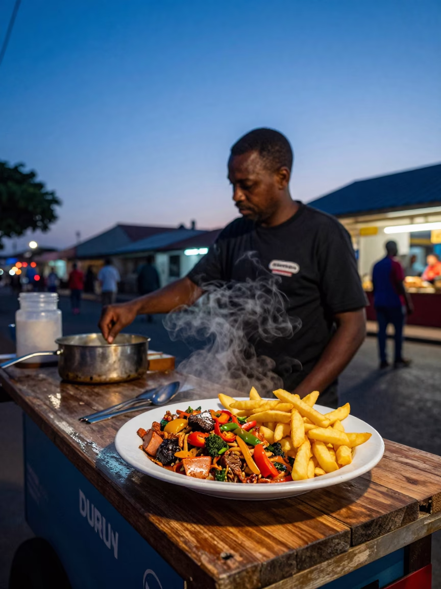 Twilight Street Food Scene in Durban with Lomo Saltado and Vintage Majolica Plate in in Durban, South Africa