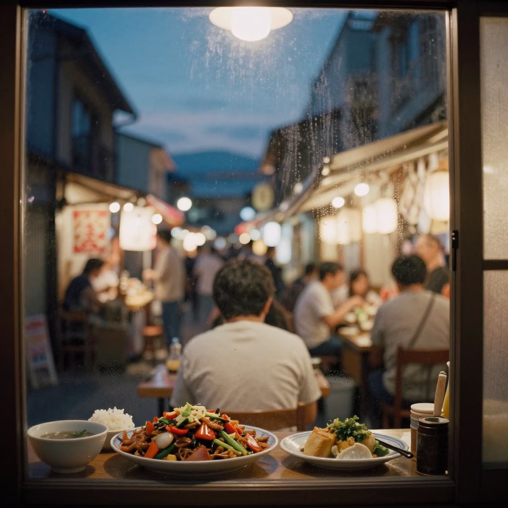 Twilight Street Food Scene in Fukuoka Japan with Lomo Saltado and Sambusa in in Fukuoka, Japan