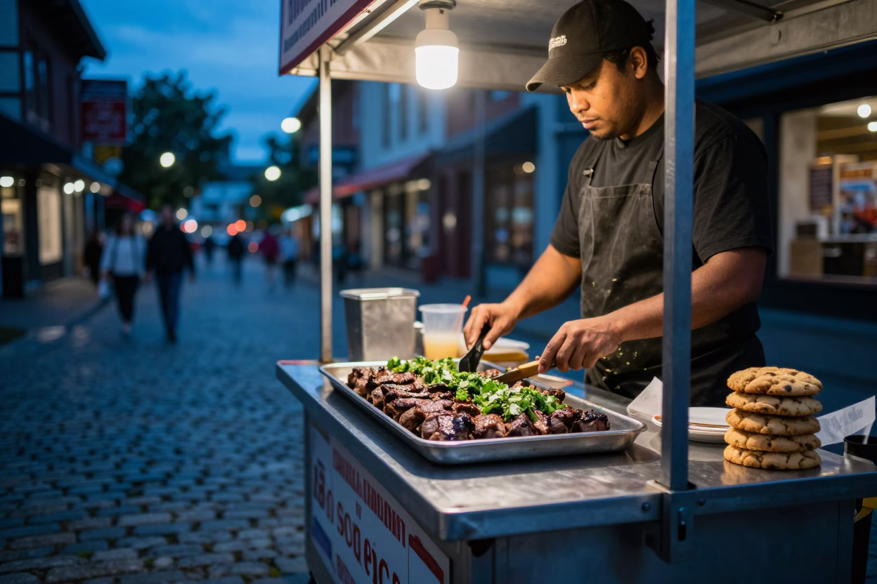 Twilight street food scene in Gastown Vancouver with cookie tin and churrasco plate in in Vancouver, British Columbia, Canada