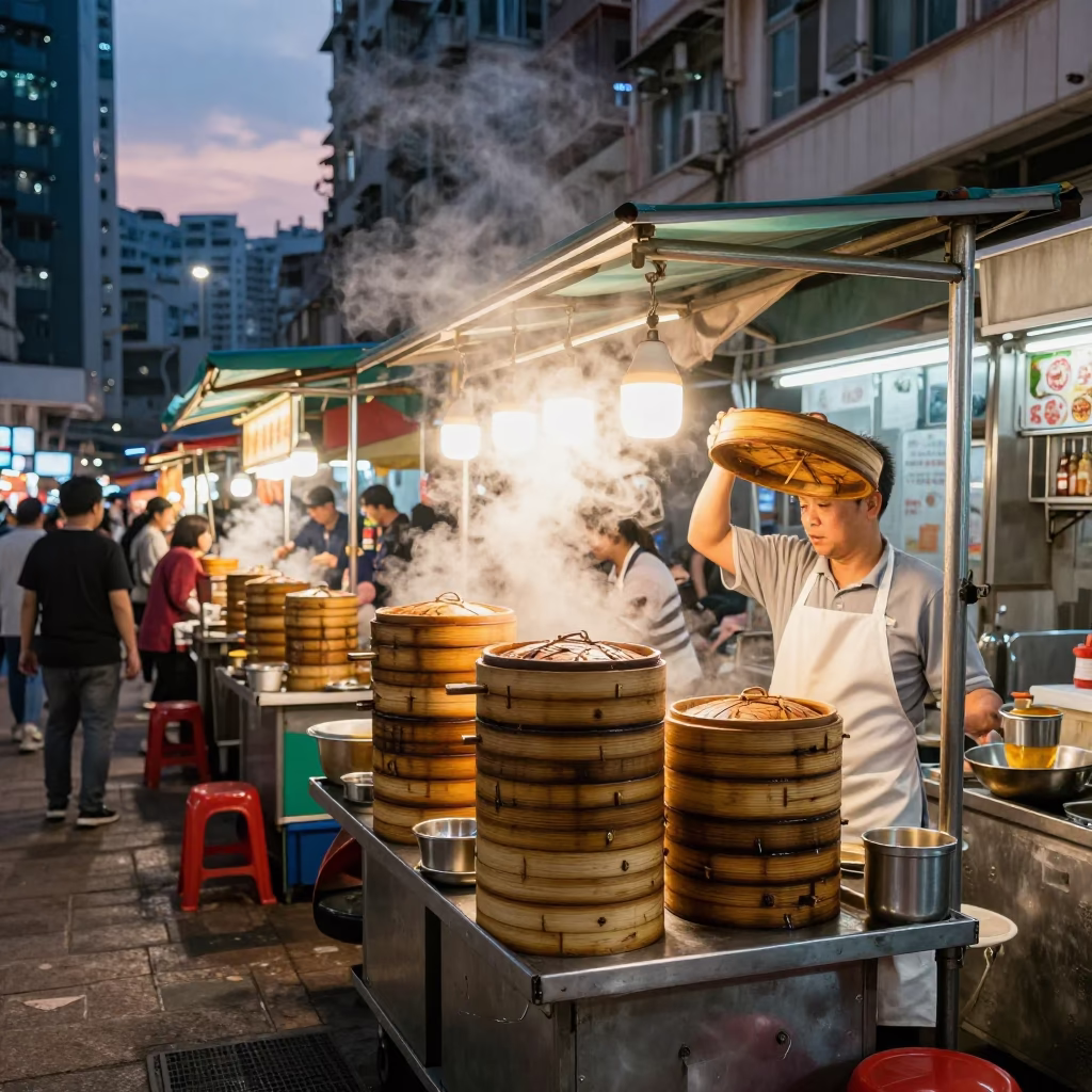 Twilight Street Food Scene in Hong Kong with Bamboo Steamers and Dim Sum in in Hong Kong, Hong Kong