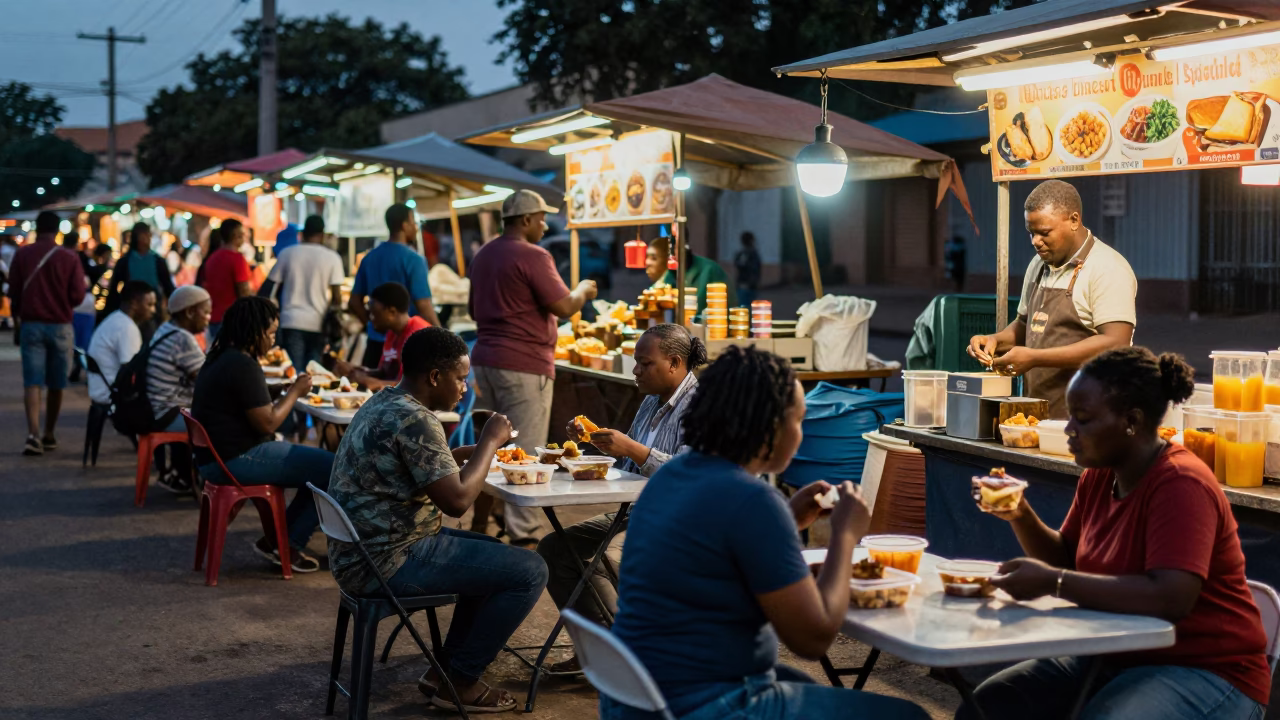 Twilight street food scene in Johannesburg South Africa with folding tables and vendors in in Johannesburg, South Africa