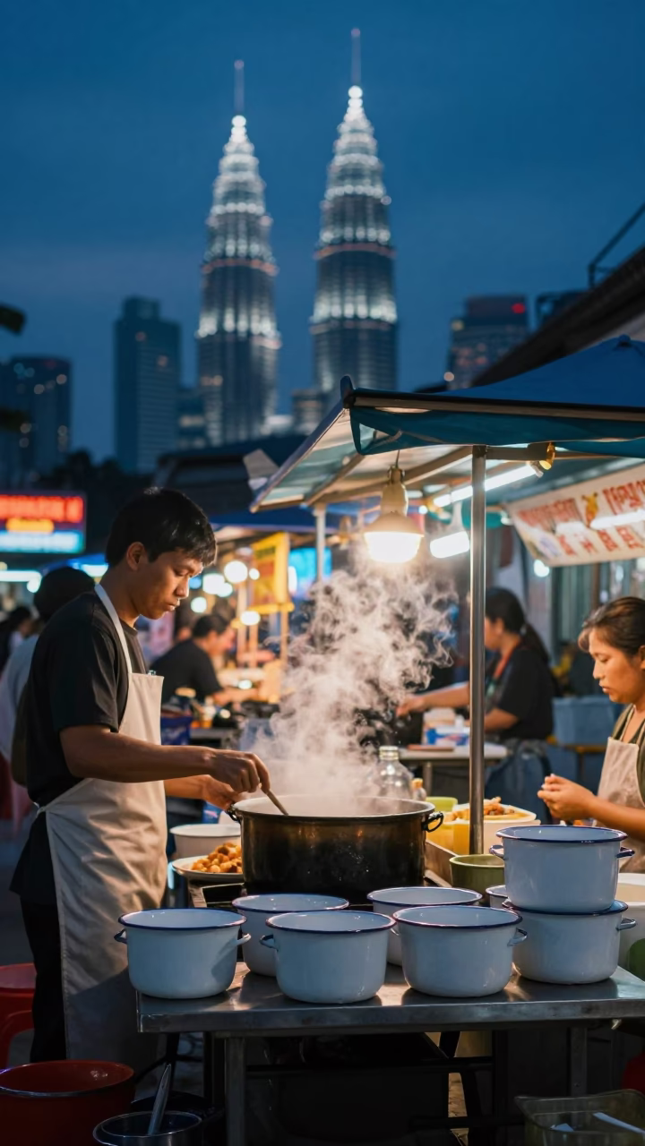 Twilight Street Food Scene in Kuala Lumpur with Enamel Bowls and Local Diners in in Kuala Lumpur, Malaysia