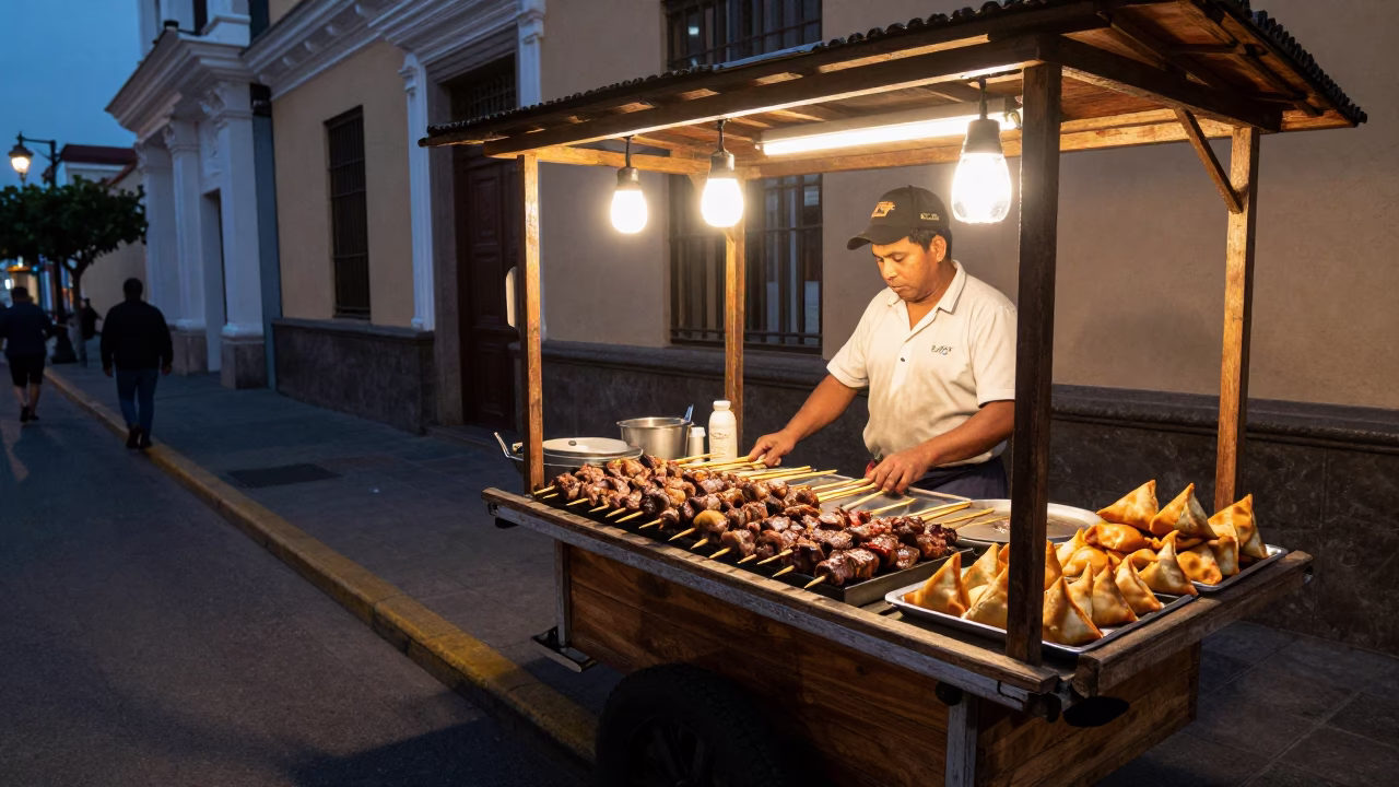 Twilight Street Food Scene in Lima Peru with Anticuchos and Sambusas in in Lima, Peru