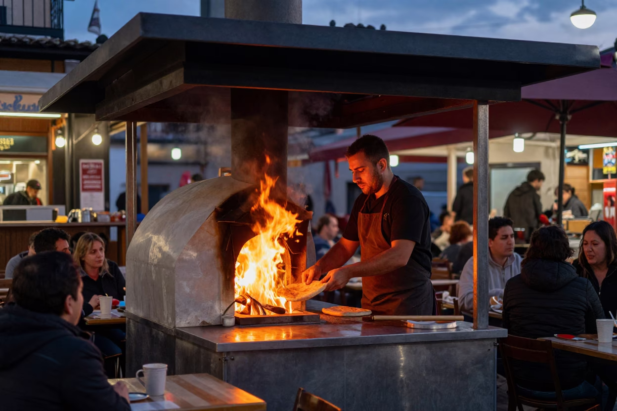 Twilight street food scene in Madrid Spain with tandoor oven and diners in in Madrid, Spain