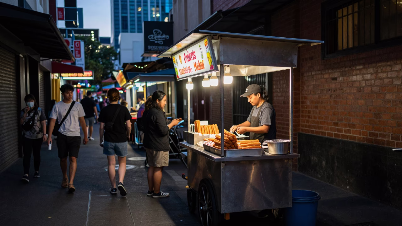 Twilight Street Food Scene in Melbourne Lane with Churros and Chocolate Sauce in in Melbourne, Victoria, Australia