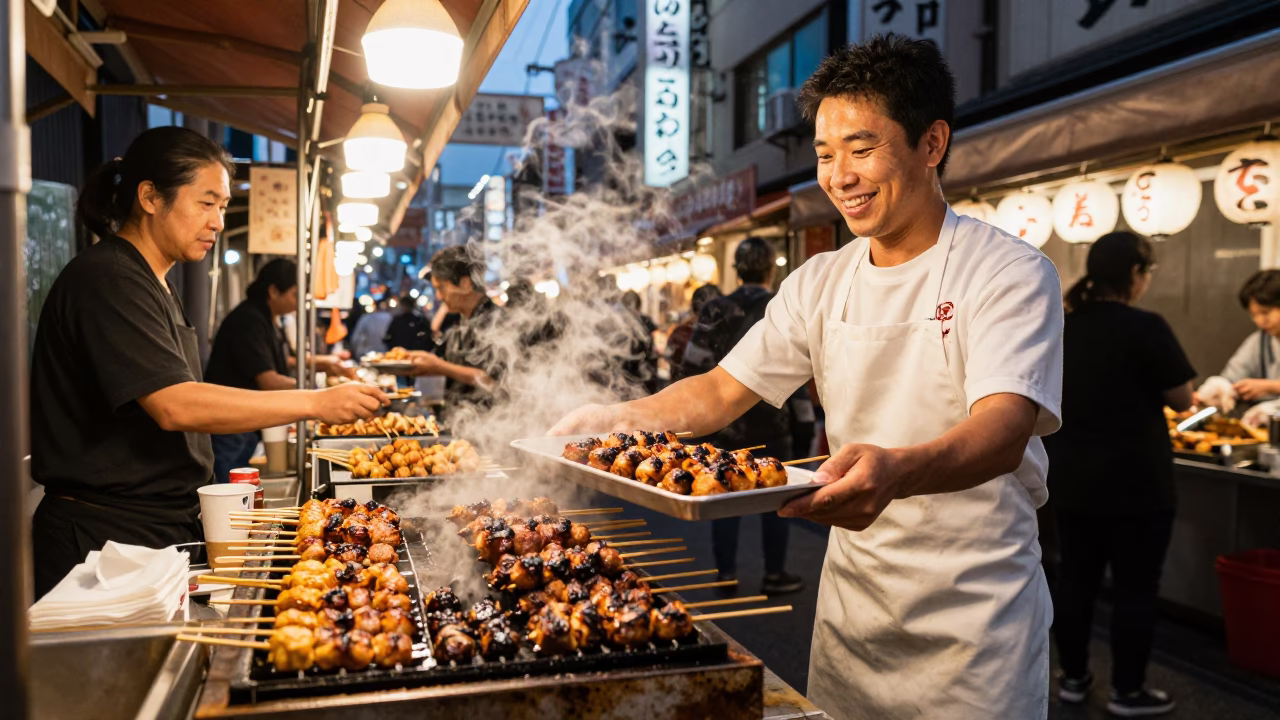 Twilight Street Food Scene in Osaka Japan with Grilled Kofte and Peppers in in Osaka, Japan