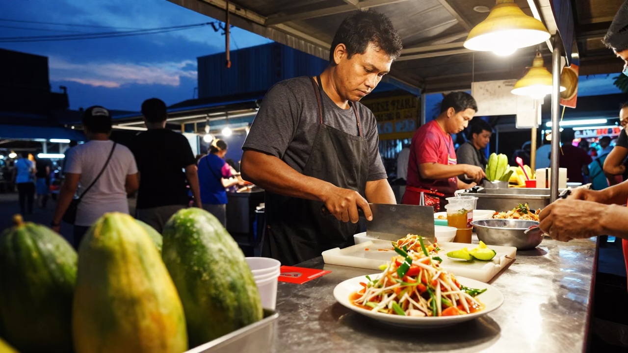 Twilight Street Food Scene in Phuket Thailand with Green Papaya Salad and Local Diners in in Phuket, Thailand