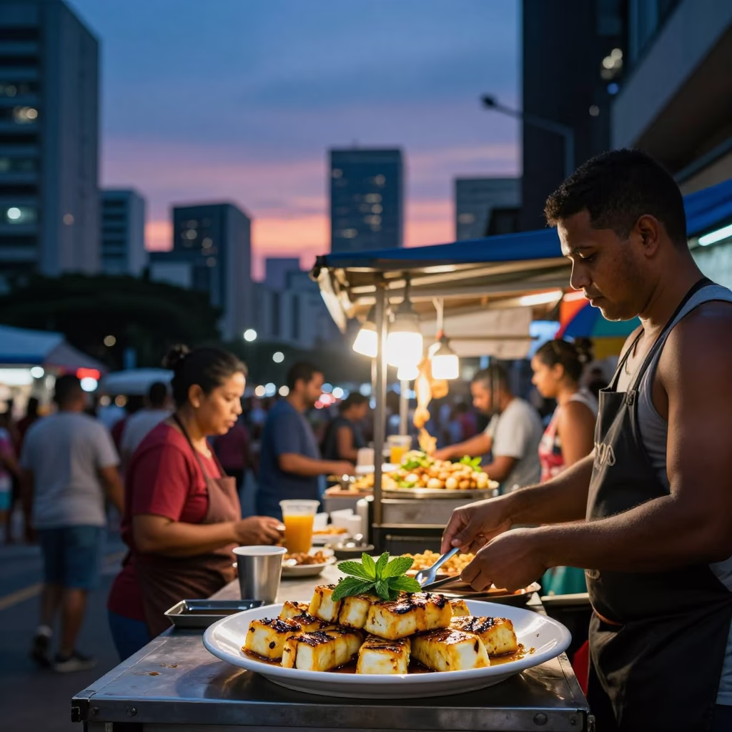 Twilight Street Food Scene in São Paulo Brazil with Grilled Halloumi and Mint in in São Paulo, Brazil