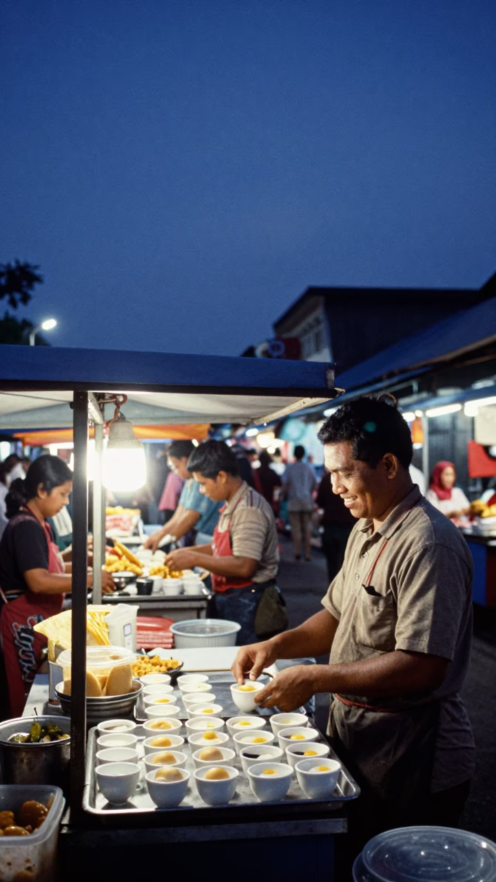 Twilight Street Food Scene in Surabaya Indonesia with Egg Cups and Local Interaction in in Surabaya, Indonesia