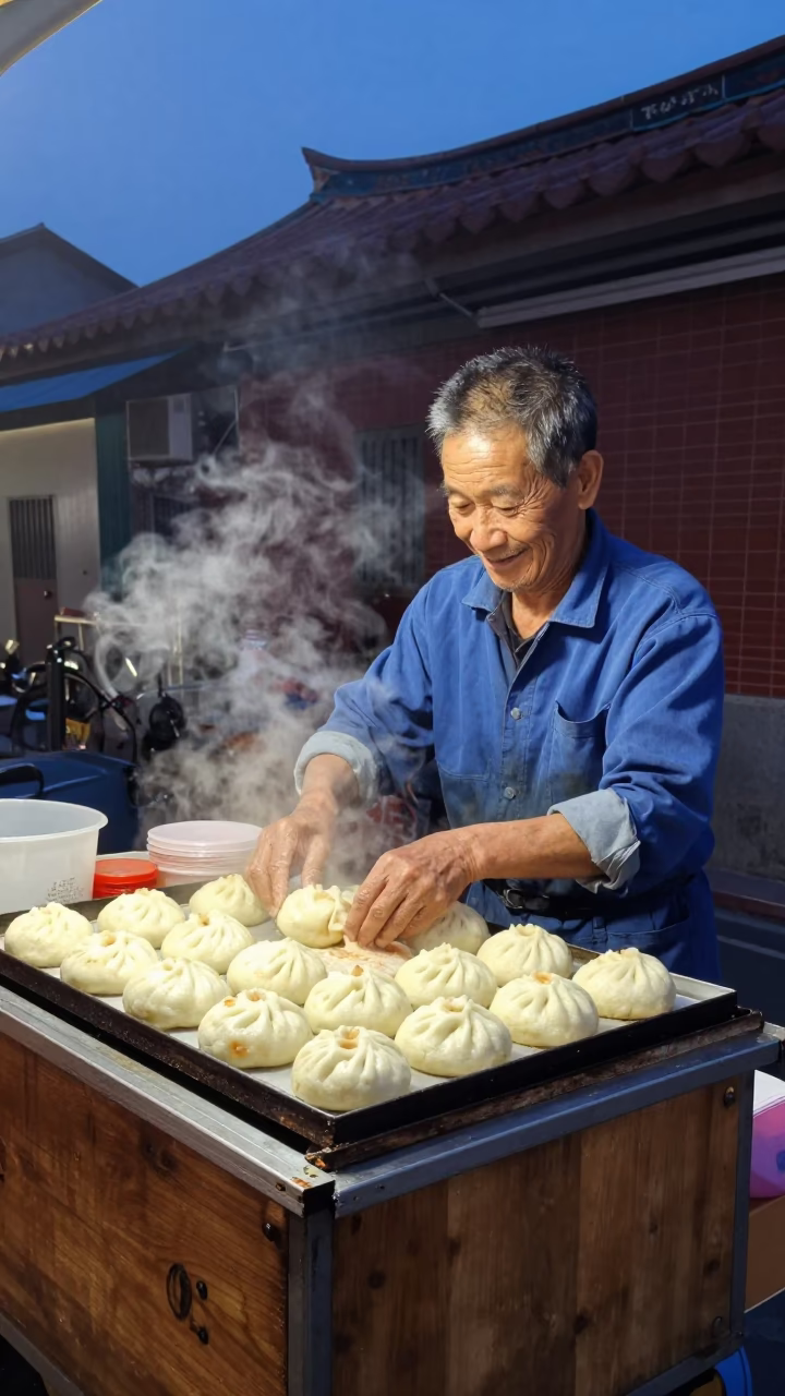 Twilight street food scene in Tainan Taiwan with elderly vendor and bicycle in in Tainan, Taiwan