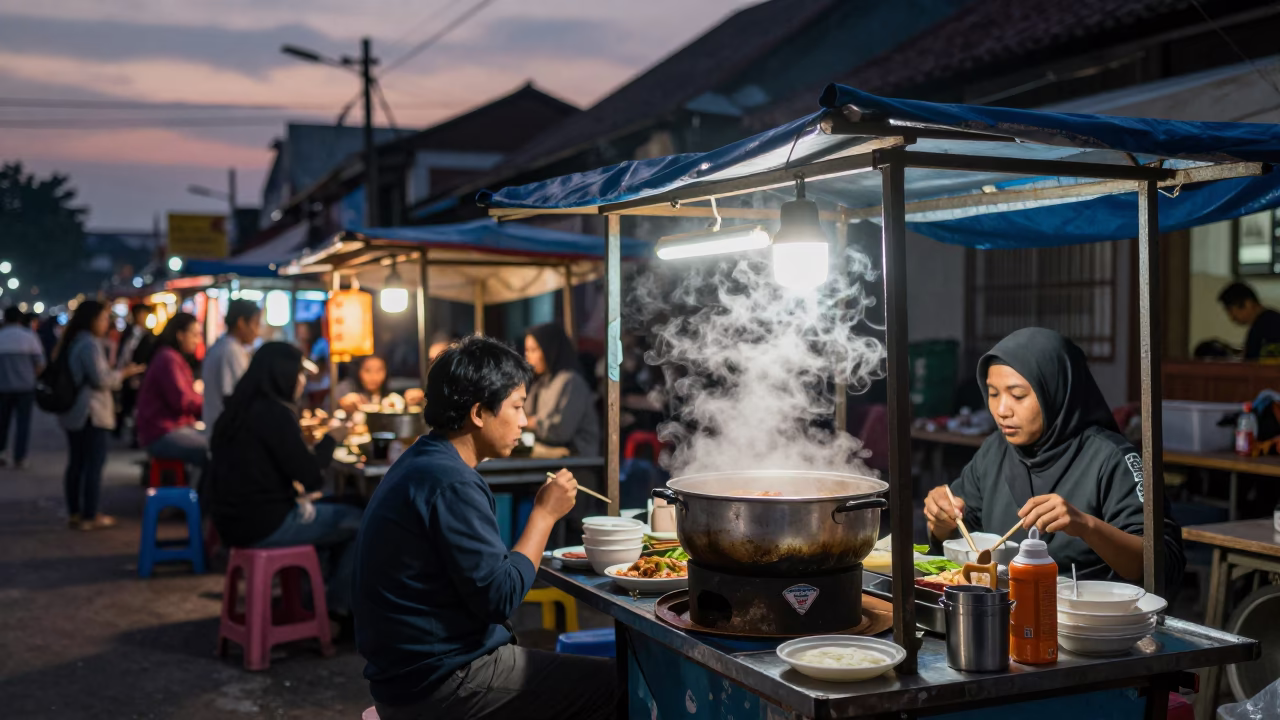 Twilight Street Food Scene in Yogyakarta Indonesia with Steaming Hotpot and Oranges in in Yogyakarta, Indonesia