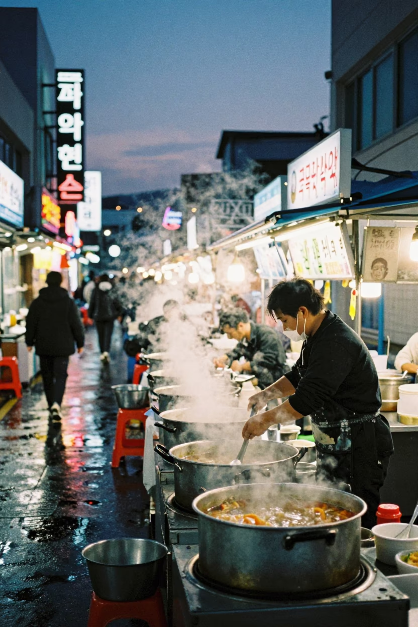 Twilight street food stall in Busan South Korea with steaming pots and local diners in in Busan, South Korea