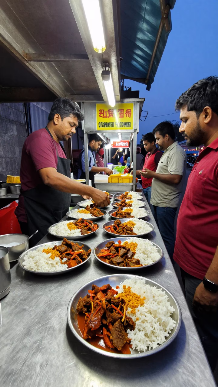 Twilight street food stall in Hyderabad India with steel plates and cutlery in in Hyderabad, India