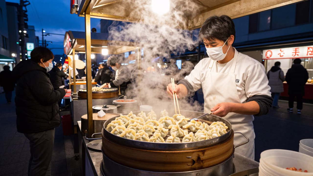 Twilight Street Food Stall in Sapporo Japan Serving Steaming Dumplings to Customers in in Sapporo, Japan