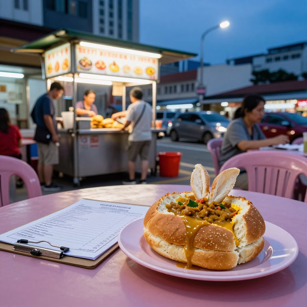 Twilight street food stall in Singapore serving bunny chow curry with clipboard in in Singapore, Singapore