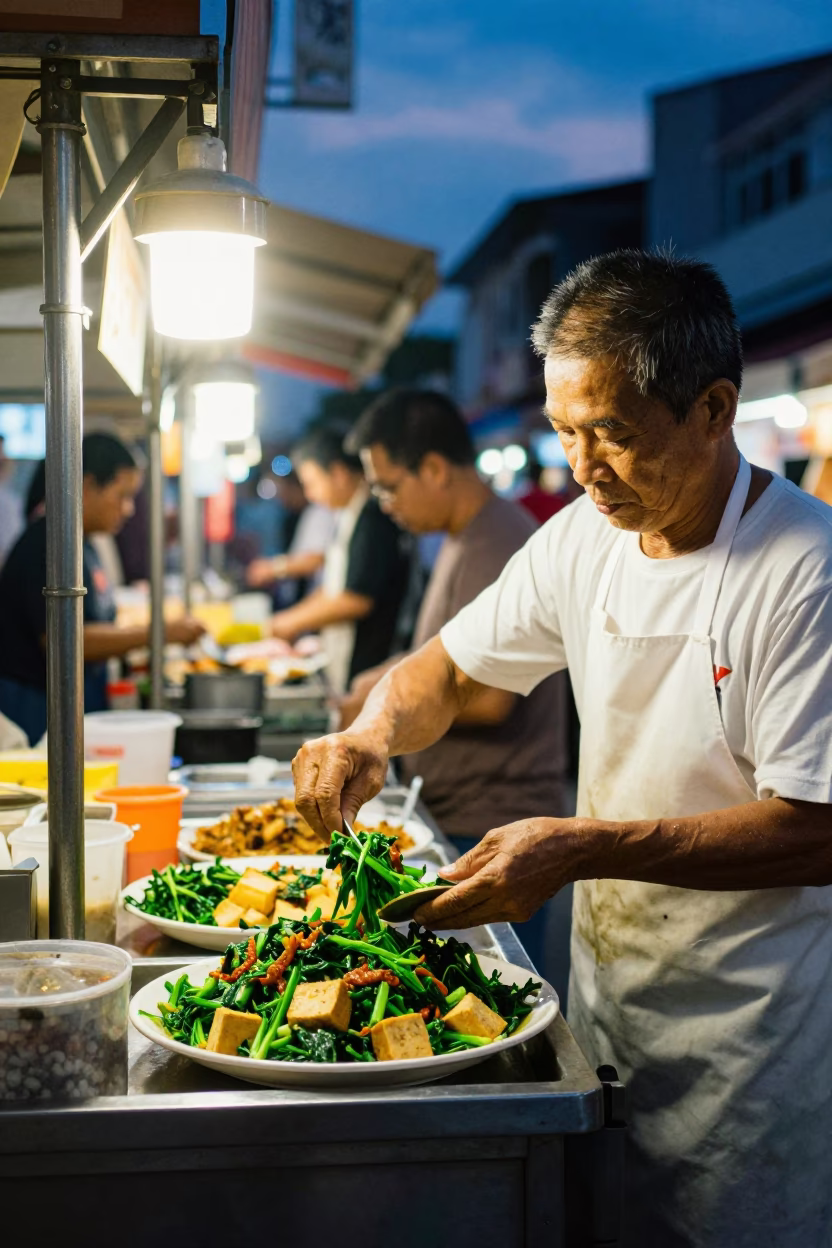 Twilight Street Food Stall in Singapore Serving Indonesian Gado-Gado with Peanut Sauce in in Singapore, Singapore