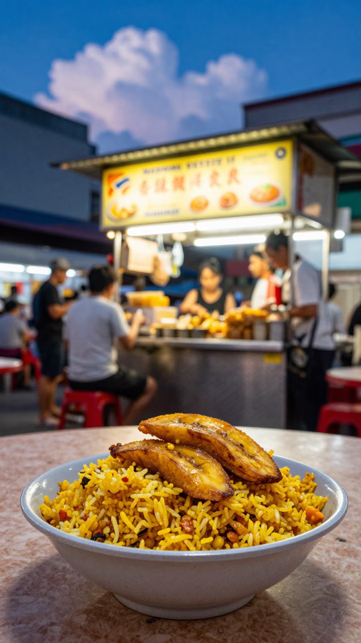 Twilight Street Food Stall in Singapore with Morning Glory Clouds and Local Dining in in Singapore, Singapore