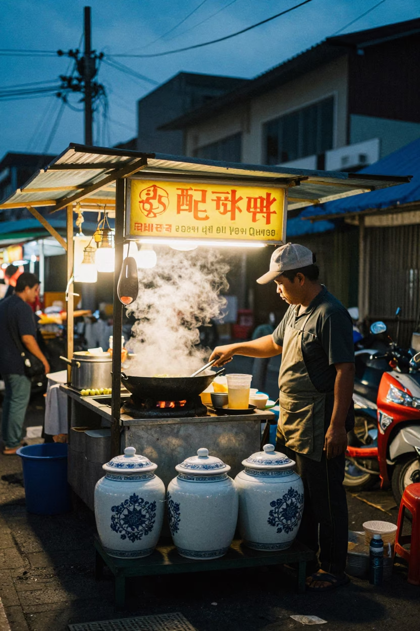 Twilight street food stall in Surabaya with porcelain jars and garlic in in Surabaya, Indonesia