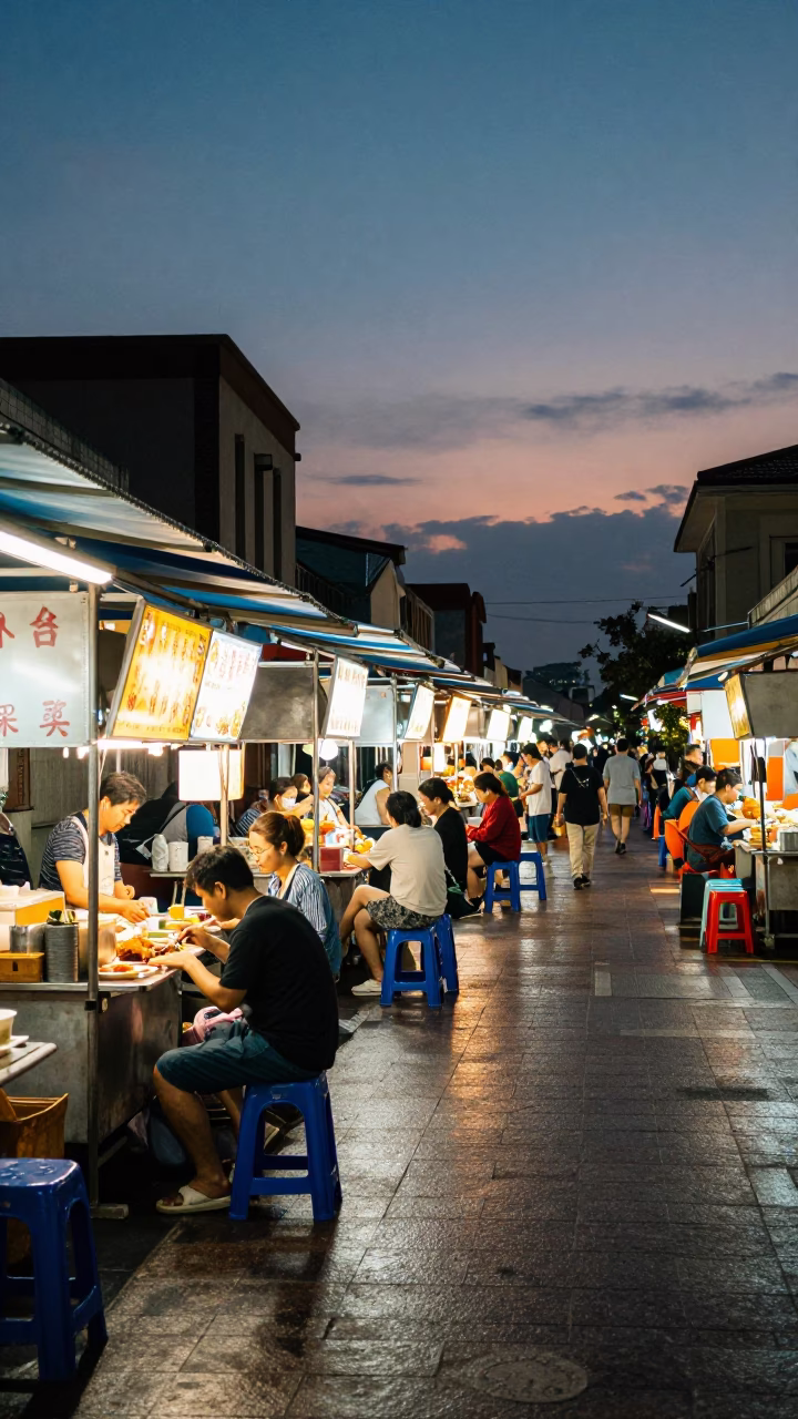 Twilight Street Food Stall in Tainan Taiwan with Busy Local Customers and Neon Lights in in Tainan, Taiwan