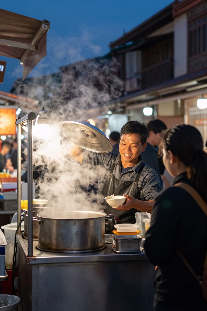 Twilight street food stall in Tainan Taiwan with steam and bustling night market activity in in Tainan, Taiwan