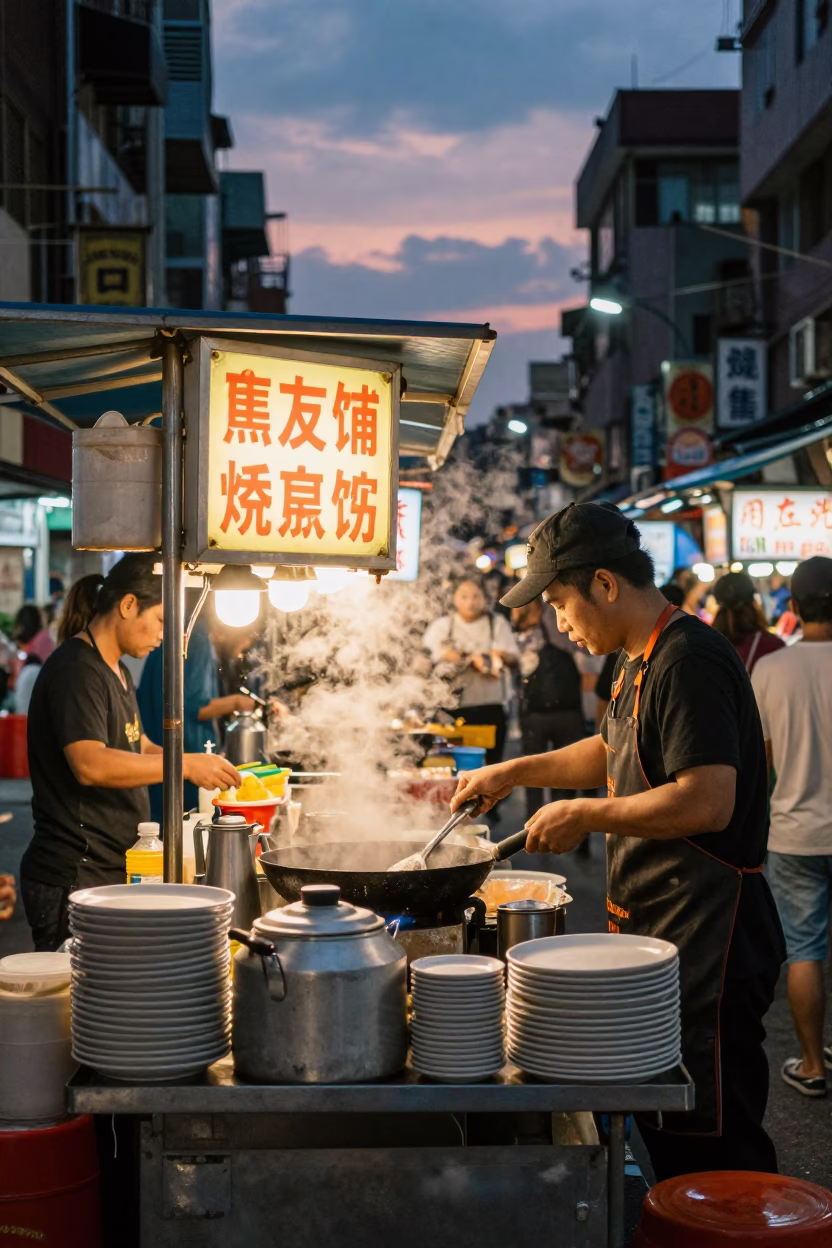 Twilight Street Food Stall in Taipei with Stacked Plates and Kettle in in Taipei, Taiwan