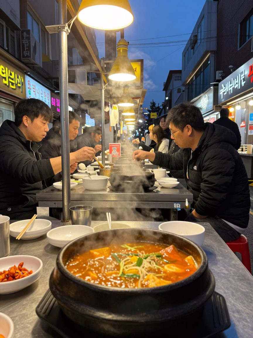 Twilight Street Food Stall with Bubbling Korean Army Stew and Colorful Bottles in Seoul in in Seoul, South Korea